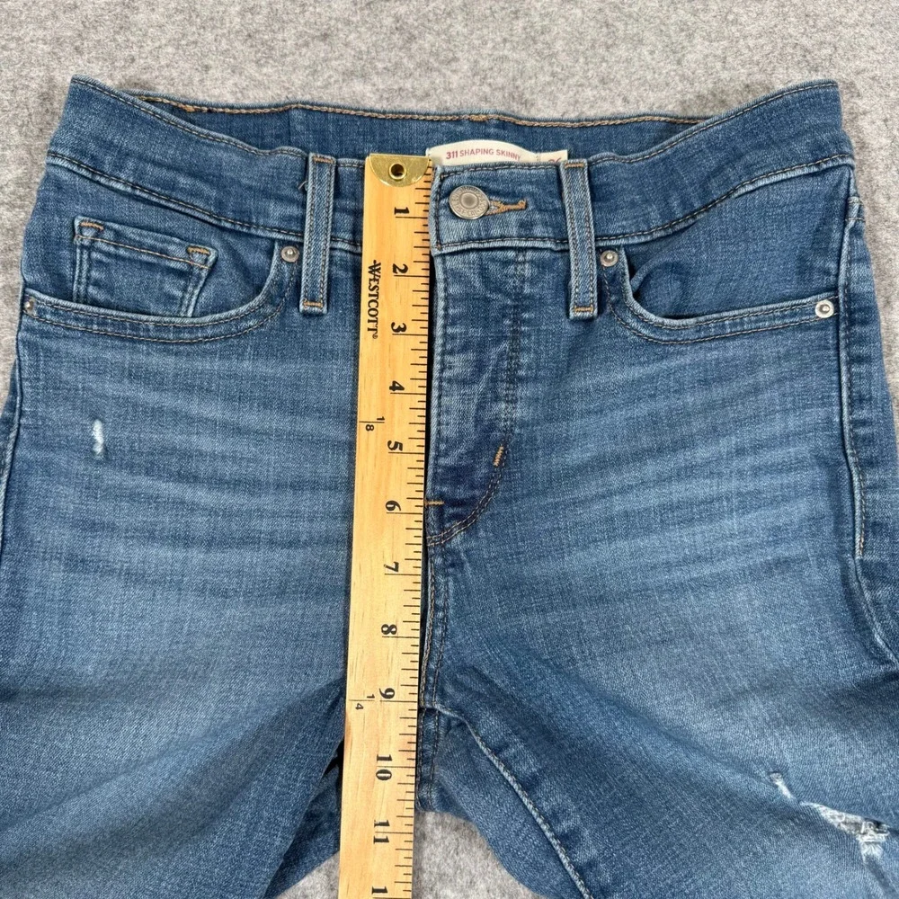 Levis 311 Shaping Skinny Jeans Womens 26 Blue Distressed Denim 19626-0387 L30 - Picture 9 of 11